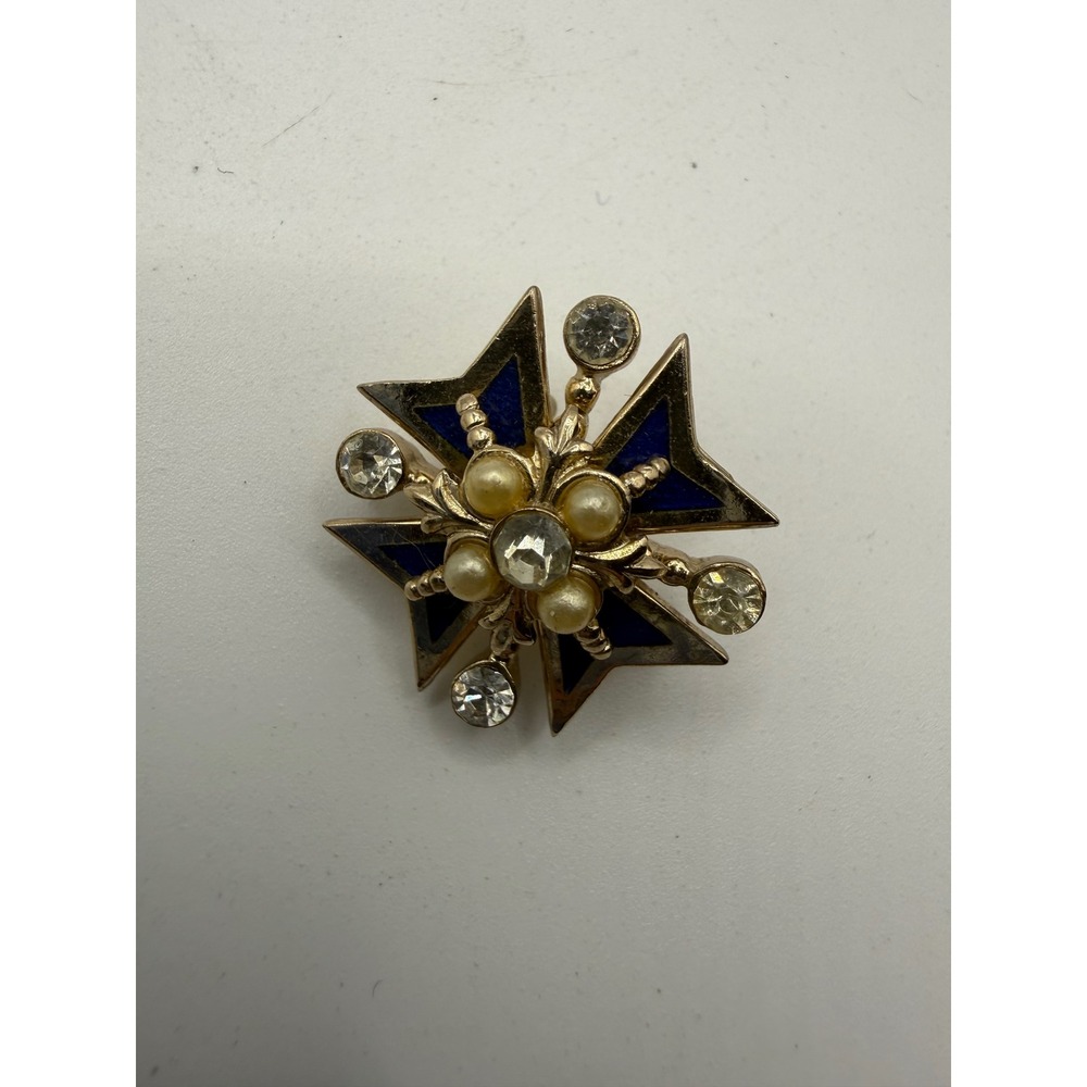 Vintage Maltese Cross Brooch Gold Tone Blue Enamel Faux Pearl Rhinestone Pin